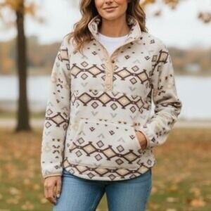 SONOMA Aztec Print Snap Neck Fleece Pullover Sweatshirt L